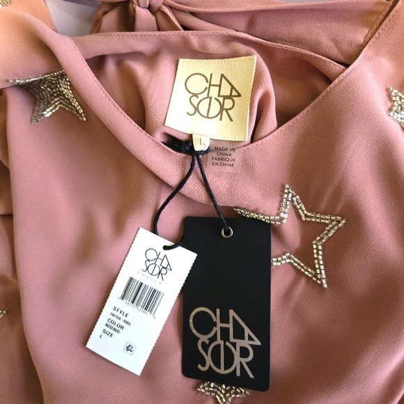 CHASER Blush Pink Beaded Star Flare Sleeves Open Back Mini Dress Size L NWT - Picture 9 of 11